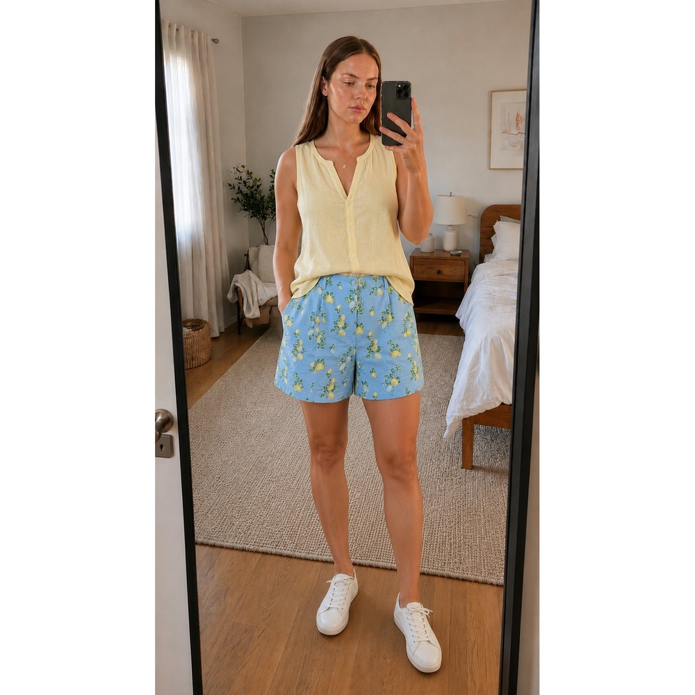 LOFT Womens Linen Shorts XL Blue Lemon Print Pull On High Rise Coastal Summer